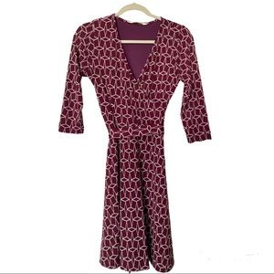 41 Hawthorne Purple Geometric 3/4 Sleeve Cross Front Adjustable Belt Dress Small